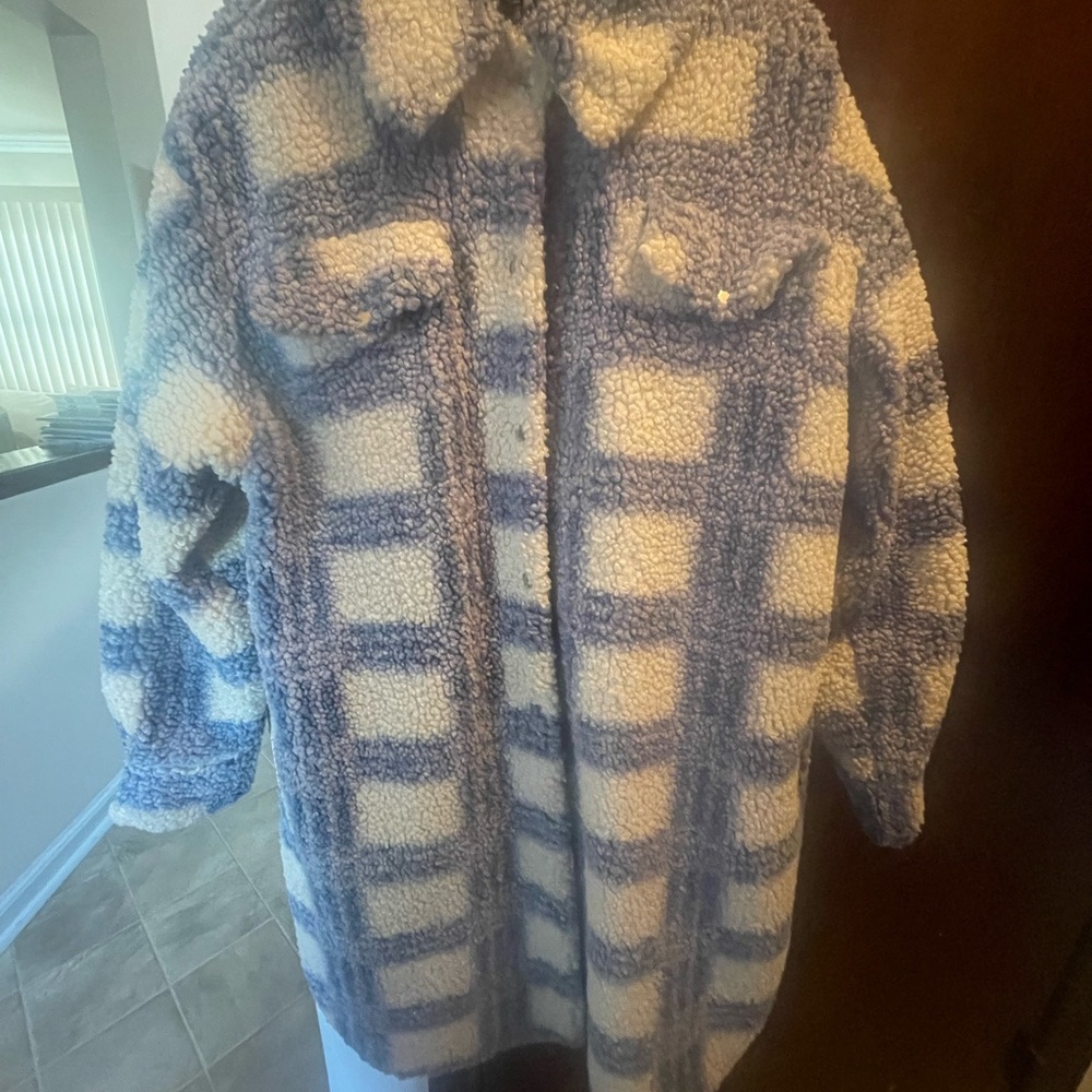 Plaid Sherpa Coat in Blue and Cream